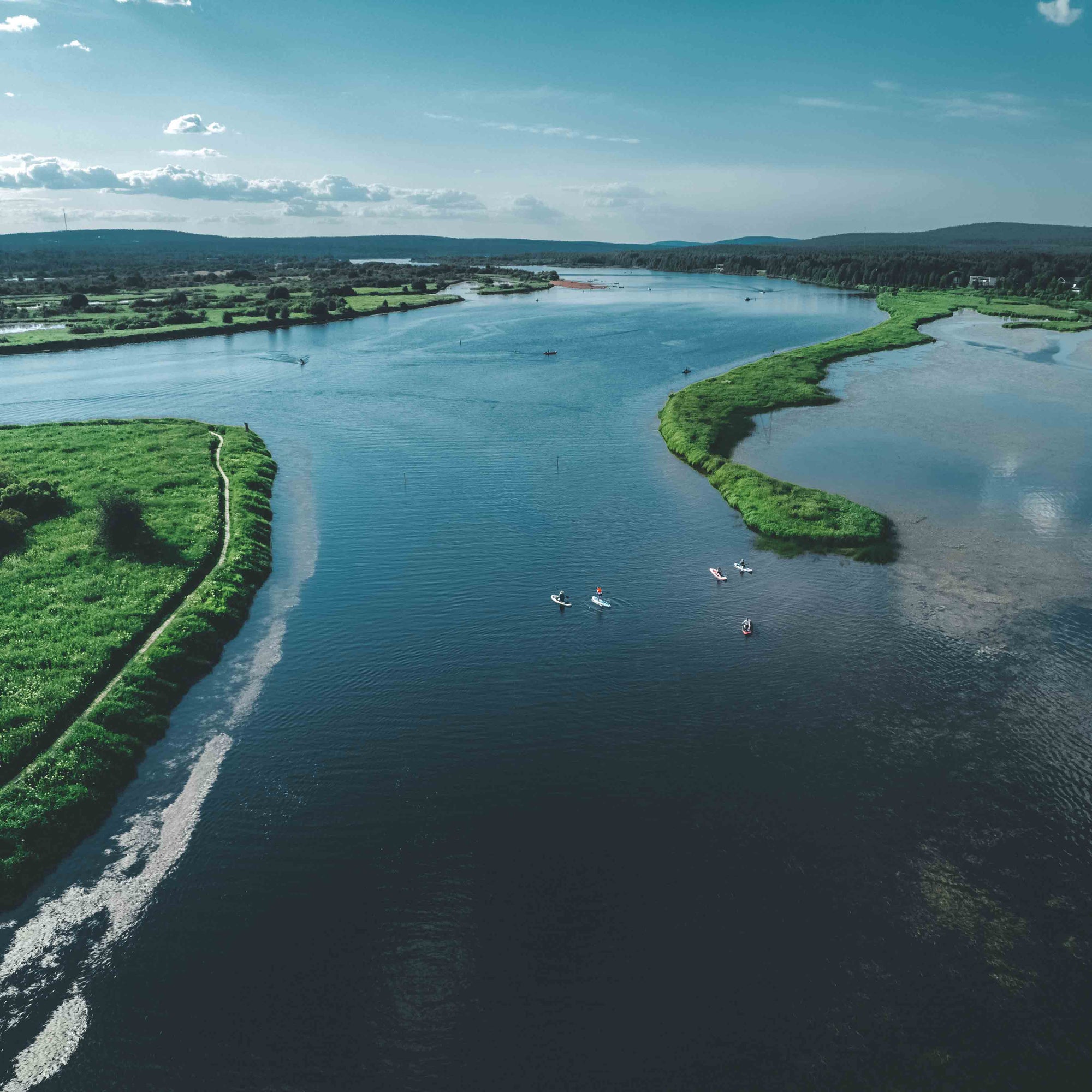 An aerial photo of Ounasjoki river scenery