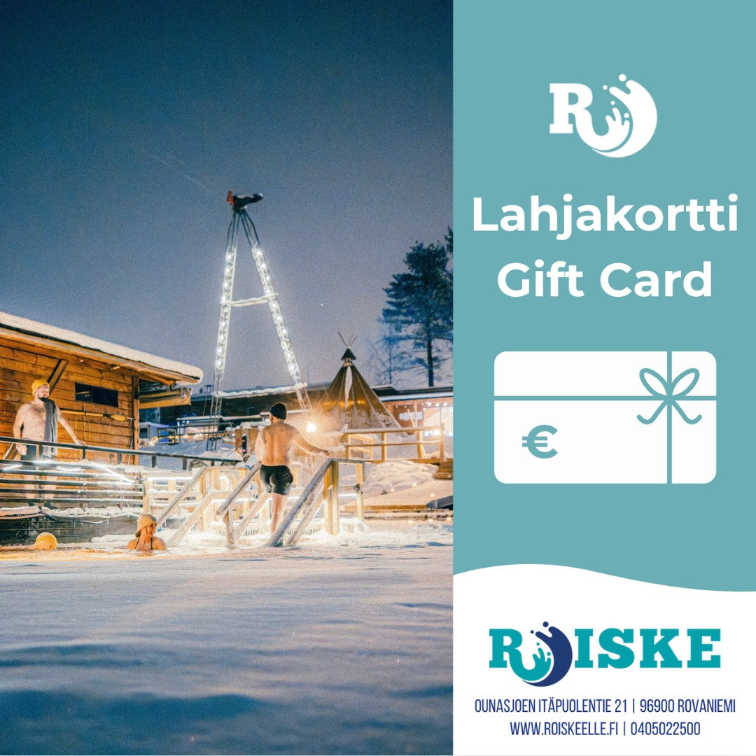 Roiske Rovaniemi gift card template with a picture of people doing ice swimming