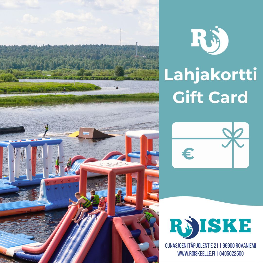 Roiske Rovaniemi gift card template with a picture of people at water park