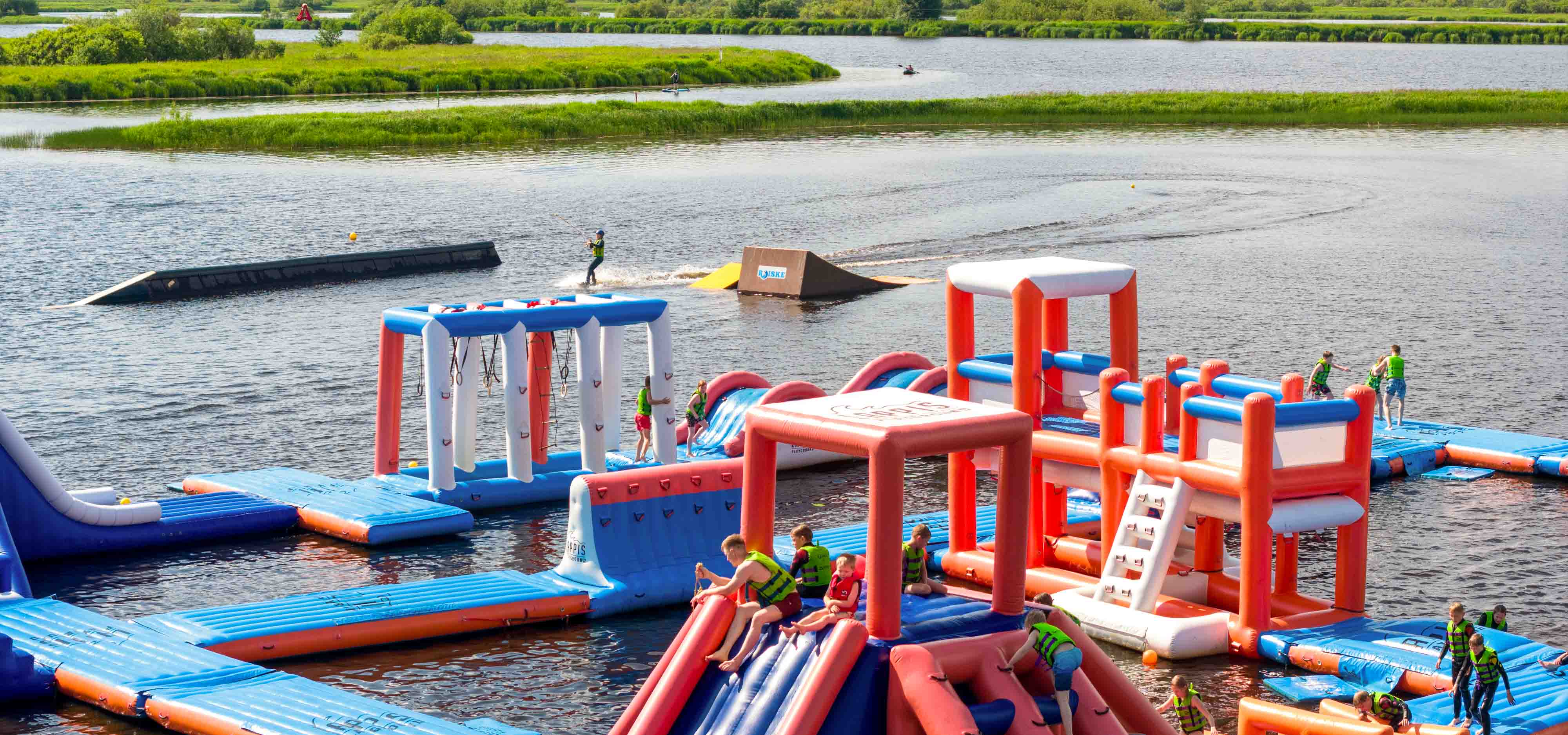 An aerial picture of Roiske Rovaniemi floating waterpark and wakeboard park